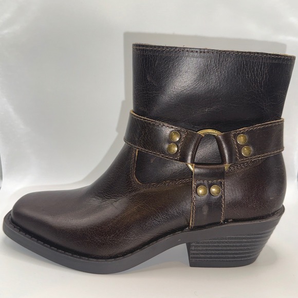 Sun Stone Shoes - NEW Sun Stone Women‎ Brown Leather Harness Buckle Ankle Boots Square Toe Biker